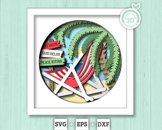 3D Layered Beach Chair Under Palm Tree Shadow Box SVG, Sea 3D svg, Beach 3D Svg, Summer 3d Svg, Layered Palm Tree 3d svg, Cricut Silhouette