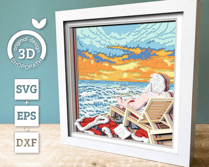 Santa Claus on Beach - 3D Shadow Box Layered SVG DXF EPS (Cutting Files)