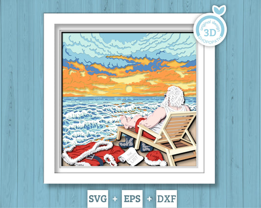 Santa Claus on Beach - 3D Shadow Box Layered SVG DXF EPS (Cutting Files)