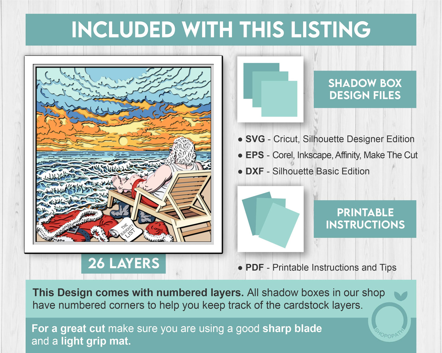 Santa Claus on Beach - 3D Shadow Box Layered SVG DXF EPS (Cutting Files)