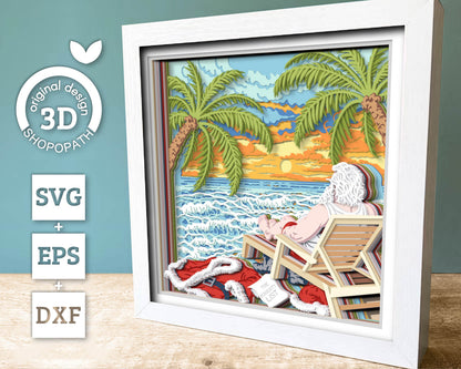 Santa Claus on Beach with Palm Trees - 3D Shadow Box Layered SVG DXF EPS (Cutting Files)