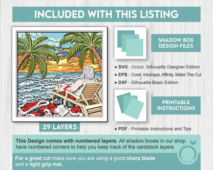 Santa Claus on Beach with Palm Trees - 3D Shadow Box Layered SVG DXF EPS (Cutting Files)