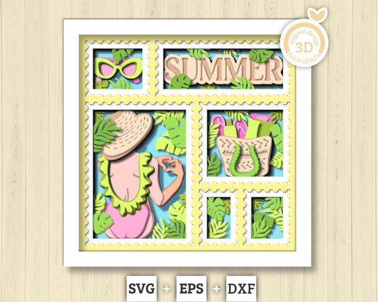 3D SVG Woman At The Beach Stamps Frame Shadow Box, Beach 3D Svg, Summer 3d Svg, Sunshine 3D svg Woman 3d svg Stamps 3d svg Cricut Silhouette