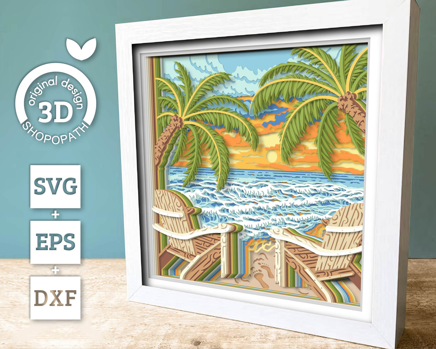 Beach with Wood Chairs - 3D Shadow Box Layered SVG DXF EPS (Cutting Files)