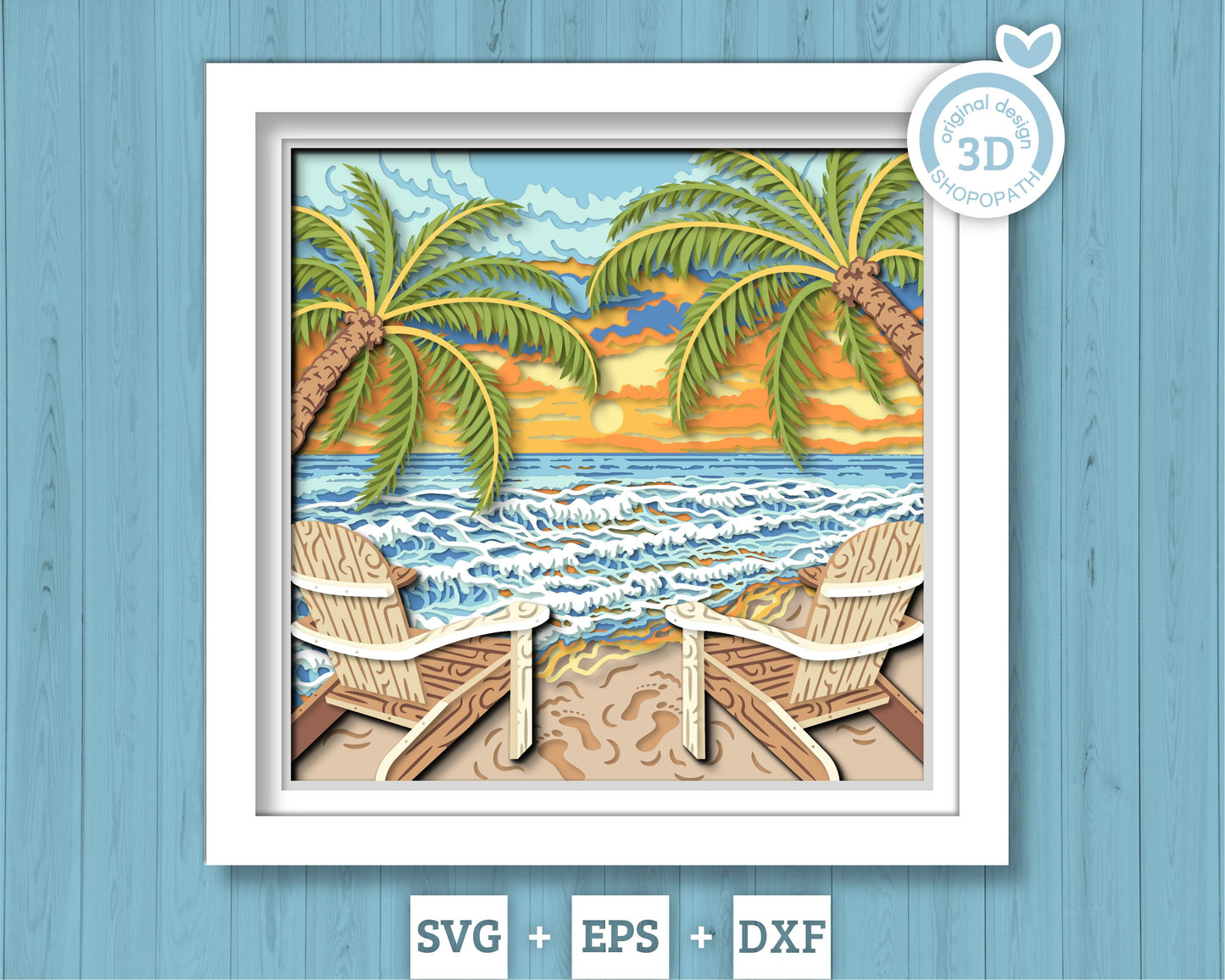 Beach with Wood Chairs - 3D Shadow Box Layered SVG DXF EPS (Cutting Files)