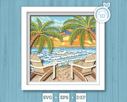 Beach with Wood Chairs - 3D Shadow Box Layered SVG DXF EPS (Cutting Files)