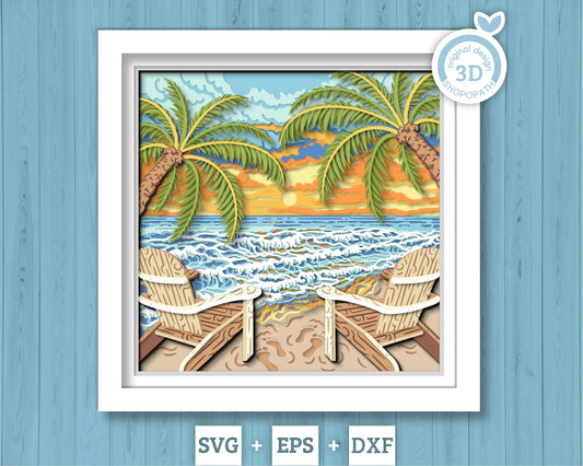 Beach with Wood Chairs - 3D Shadow Box Layered SVG DXF EPS (Cutting Files)
