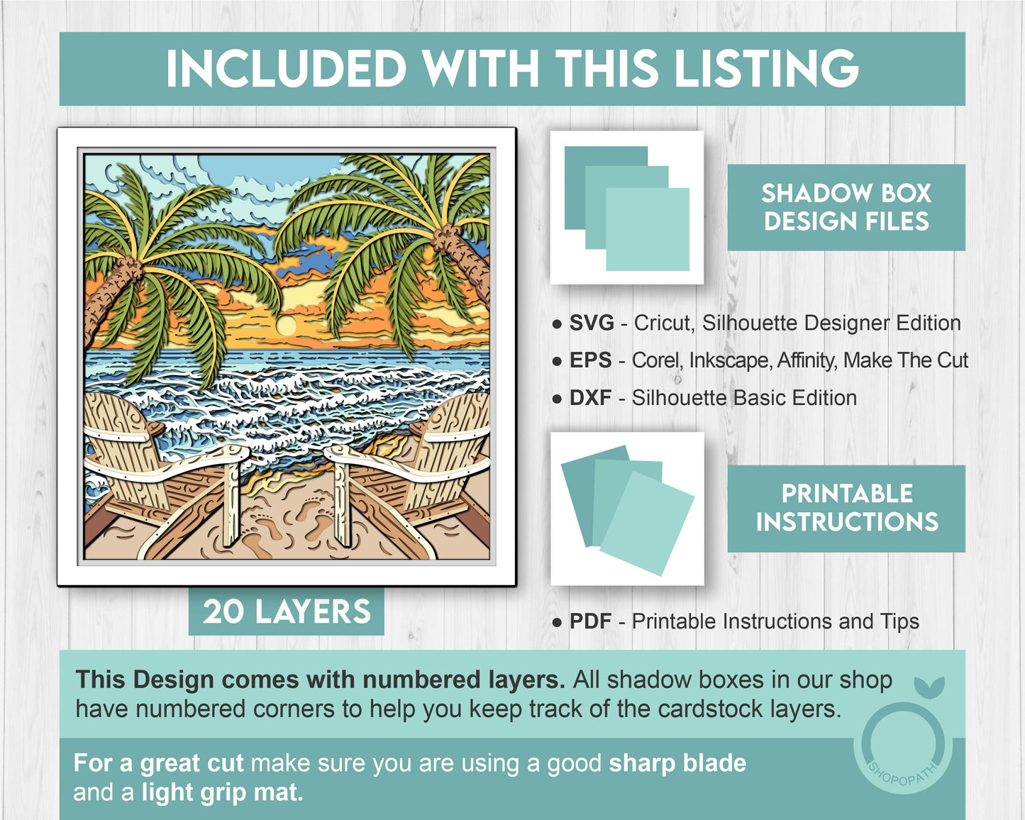 Beach with Wood Chairs - 3D Shadow Box Layered SVG DXF EPS (Cutting Files)