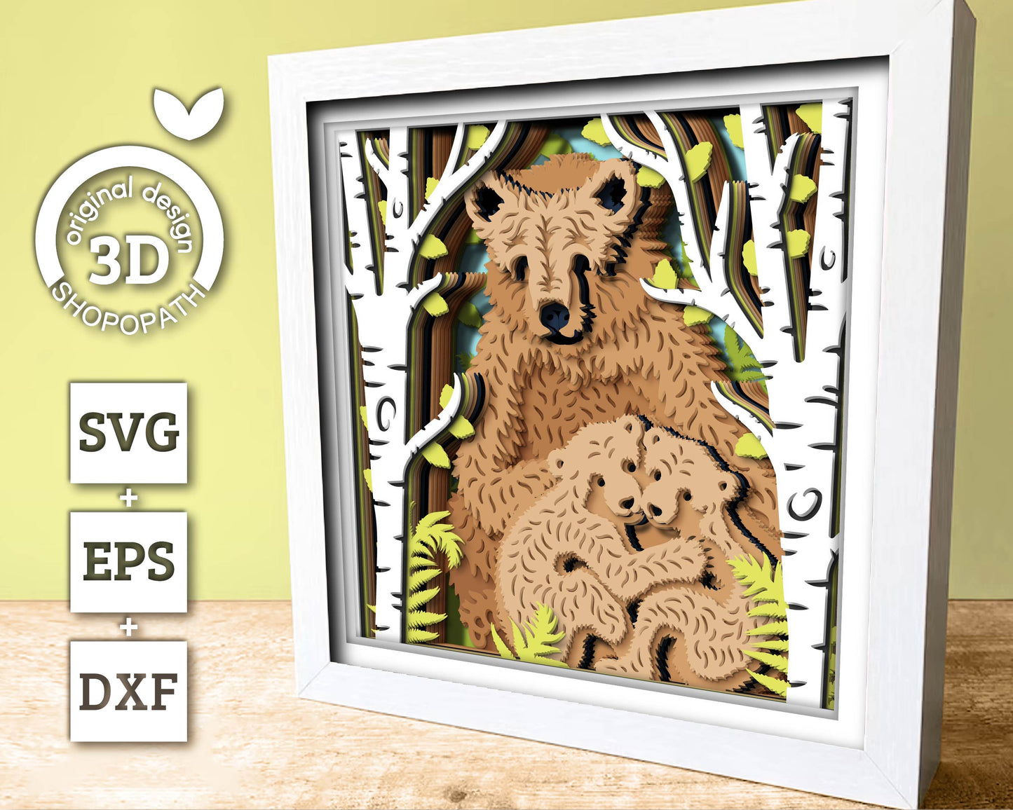 Mother Bear With Cubs - 3D Shadow Box Layered SVG DXF EPS (Cutting Files)