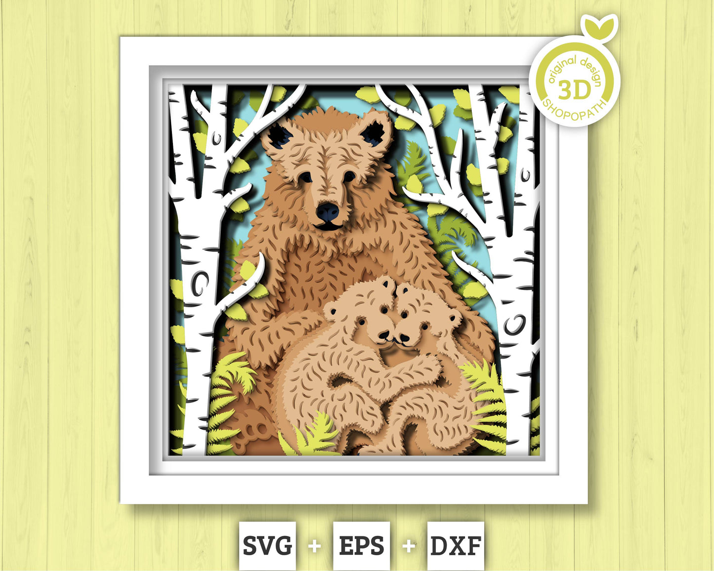 Mother Bear With Cubs - 3D Shadow Box Layered SVG DXF EPS (Cutting Files)