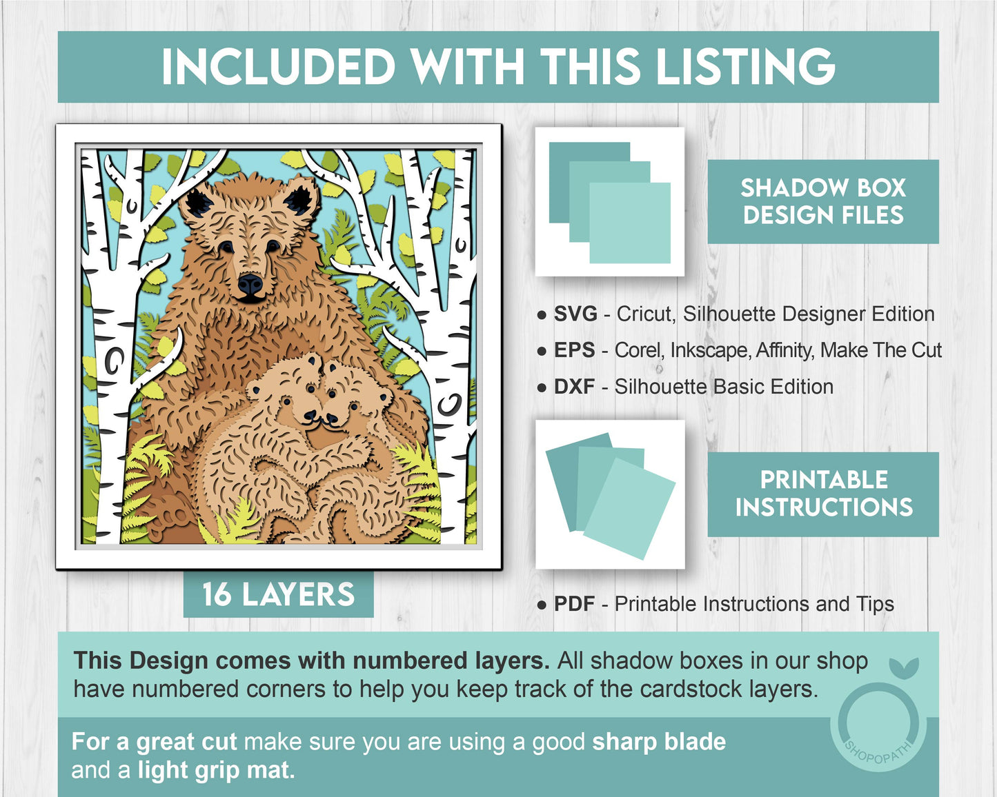 Mother Bear With Cubs - 3D Shadow Box Layered SVG DXF EPS (Cutting Files)