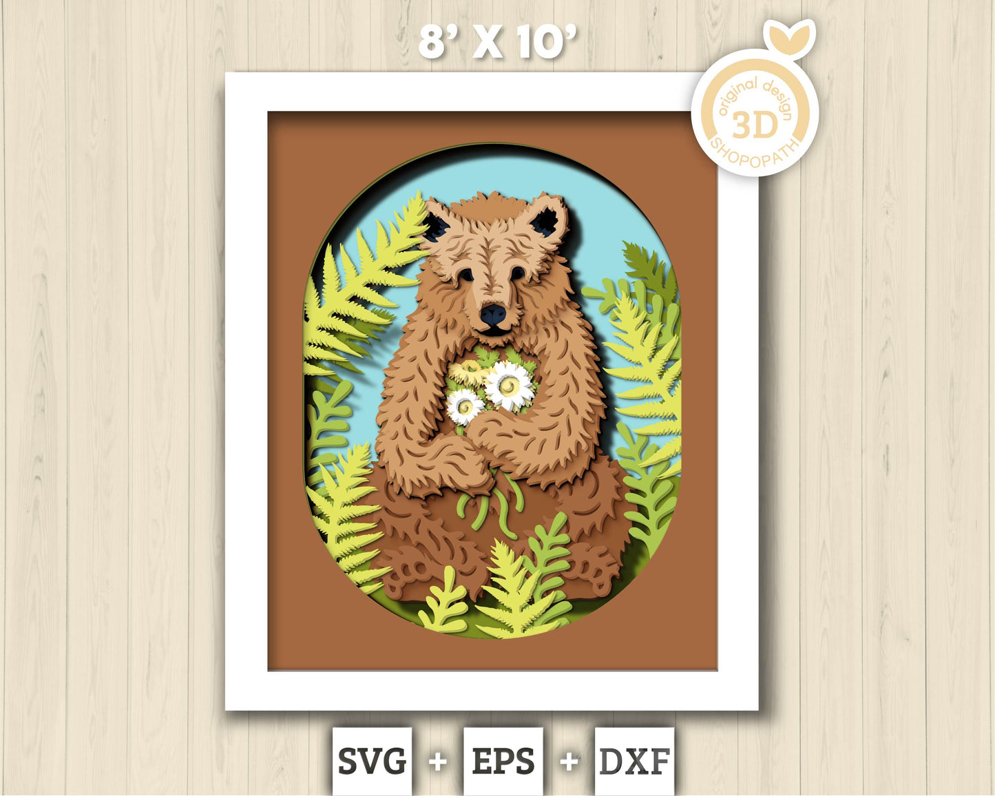 Bear With Flowers In Forest 8x10 inch - 3D Shadow Box Layered SVG DXF EPS (Cutting Files)