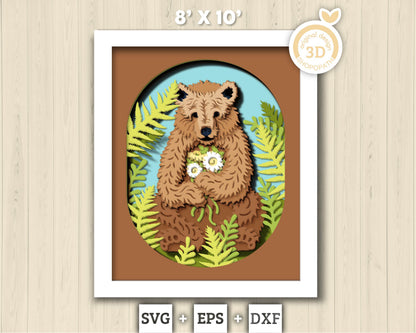 Bear With Flowers In Forest 8x10 inch - 3D Shadow Box Layered SVG DXF EPS (Cutting Files)