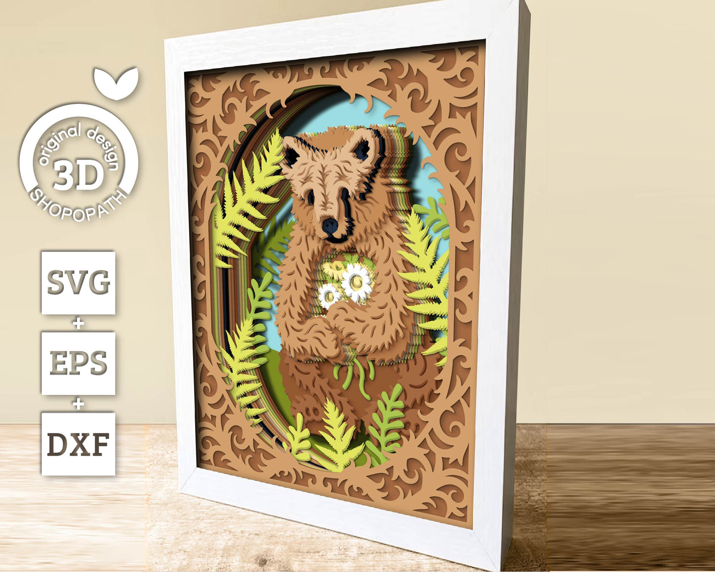 Bear With Flowers In Forest 8x10 inch - 3D Shadow Box Layered SVG DXF EPS (Cutting Files)