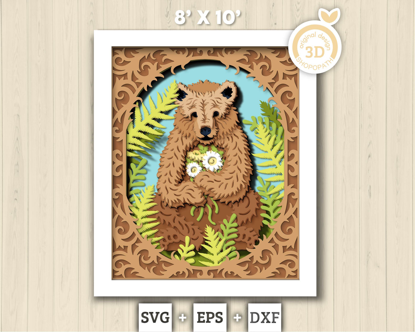 Bear With Flowers In Forest 8x10 inch - 3D Shadow Box Layered SVG DXF EPS (Cutting Files)