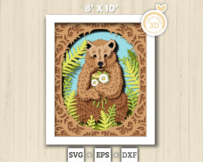Bear With Flowers In Forest 8x10 inch - 3D Shadow Box Layered SVG DXF EPS (Cutting Files)