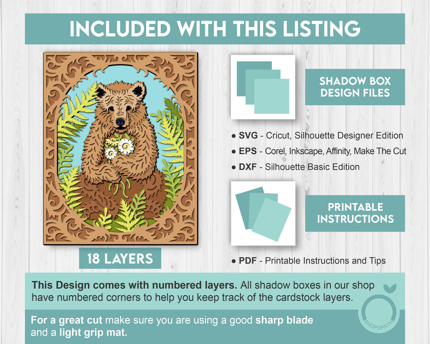 Bear With Flowers In Forest 8x10 inch - 3D Shadow Box Layered SVG DXF EPS (Cutting Files)
