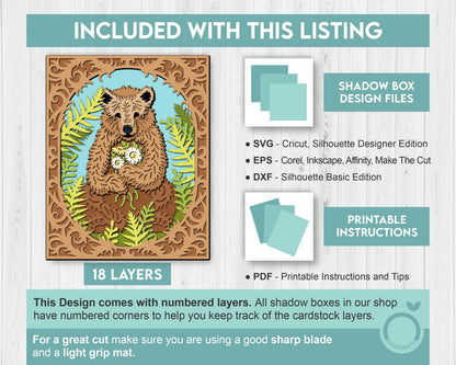 Bear With Flowers In Forest 8x10 inch - 3D Shadow Box Layered SVG DXF EPS (Cutting Files)