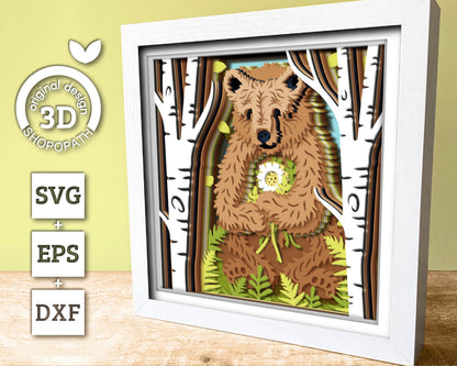 3D Bear With Flowers In Forest Shadow Box SVG, 3D Forest SVG, 3D Brown Bear svg, 3d svg Black Bear, Summer 3d svg, Cricut Silhouette