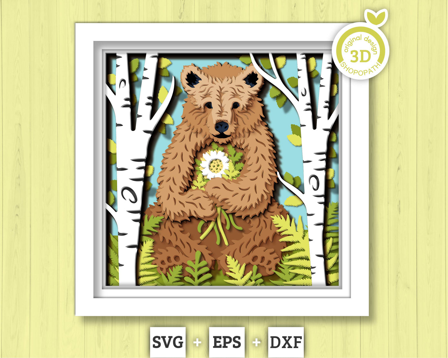 3D Bear With Flowers In Forest Shadow Box SVG, 3D Forest SVG, 3D Brown Bear svg, 3d svg Black Bear, Summer 3d svg, Cricut Silhouette