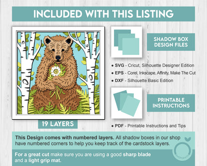 3D Bear With Flowers In Forest Shadow Box SVG, 3D Forest SVG, 3D Brown Bear svg, 3d svg Black Bear, Summer 3d svg, Cricut Silhouette