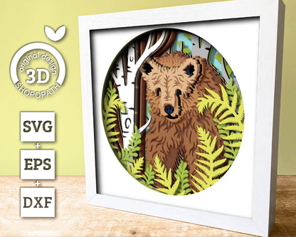 3D Bear In Forest Shadow Box SVG, 3D Bear Svg, 3d Forest SVG, 3d Brown Bear svg, 3d svg Black Bear, Summer 3d svg, Cricut Silhouette