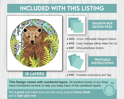 3D Bear In Forest Shadow Box SVG, 3D Bear Svg, 3d Forest SVG, 3d Brown Bear svg, 3d svg Black Bear, Summer 3d svg, Cricut Silhouette