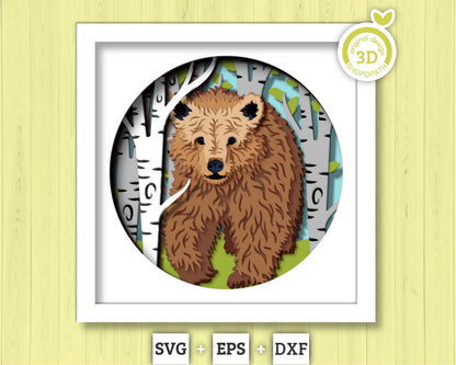 3D Bear In Forest Shadow Box SVG, 3D Bear Svg, 3d Forest SVG, 3d Brown Bear svg, 3d svg Black Bear, Summer 3d svg, Cricut Silhouette