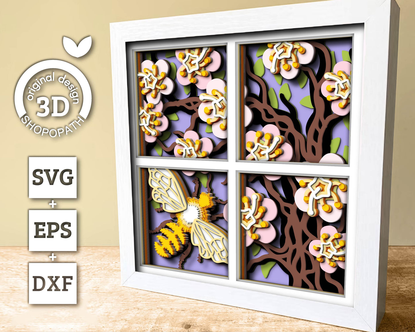 3D Bee With Spring Blossoms Shadow Box SVG, Layered Flower SVG, Bee Shadow Box, Honey Bee Svg, Layered Flower Papercut svg Cricut Silhouette
