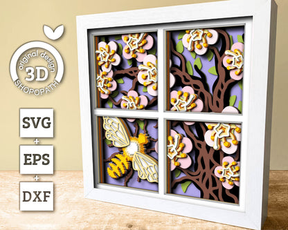 3D Bee With Spring Blossoms Shadow Box SVG, Layered Flower SVG, Bee Shadow Box, Honey Bee Svg, Layered Flower Papercut svg Cricut Silhouette