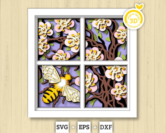 3D Bee With Spring Blossoms Shadow Box SVG, Layered Flower SVG, Bee Shadow Box, Honey Bee Svg, Layered Flower Papercut svg Cricut Silhouette