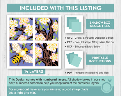 3D Bee With Spring Blossoms Shadow Box SVG, Layered Flower SVG, Bee Shadow Box, Honey Bee Svg, Layered Flower Papercut svg Cricut Silhouette