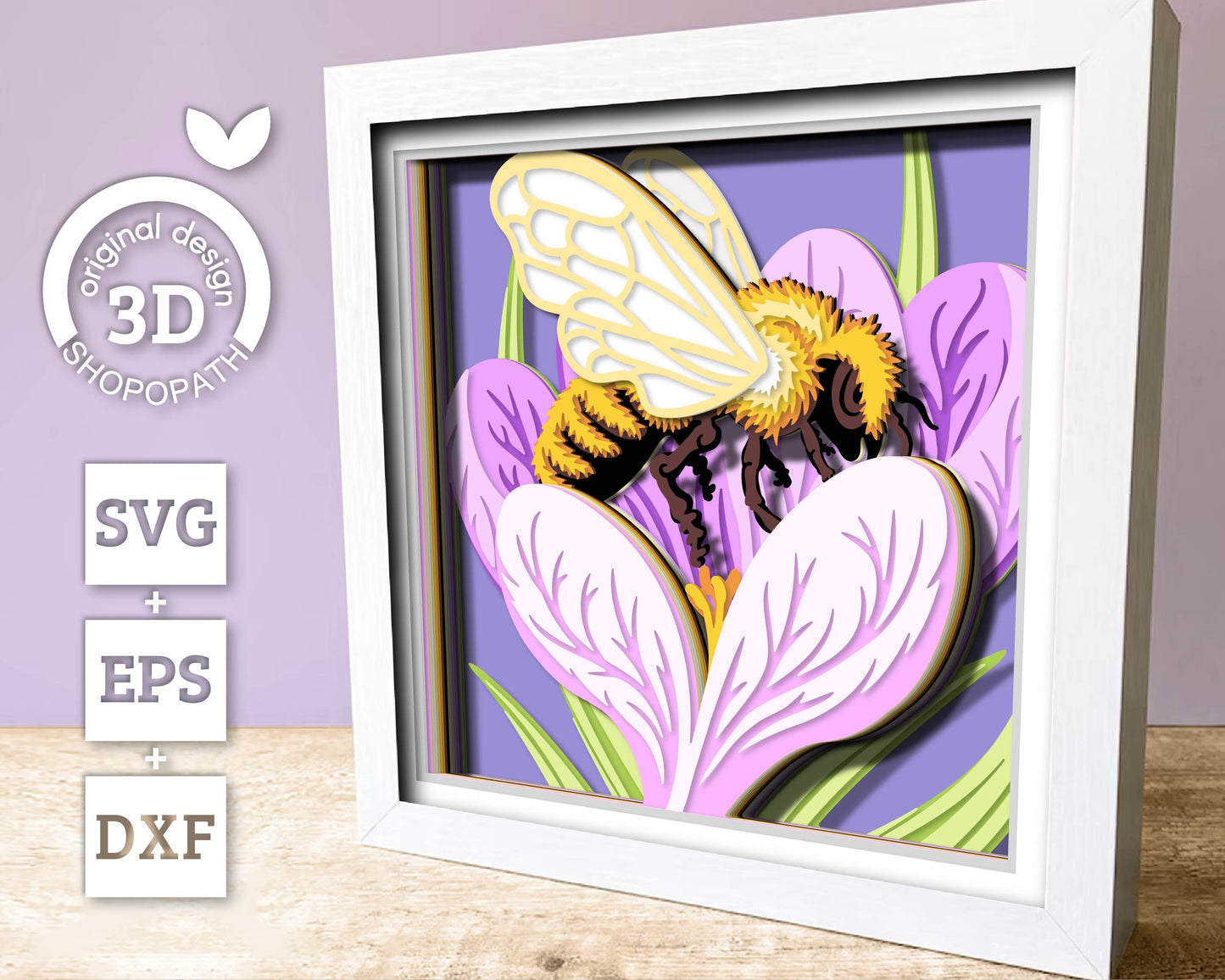 Bee in Crocus Flower - 3D Shadow Box Layered SVG DXF EPS (Cutting Files)