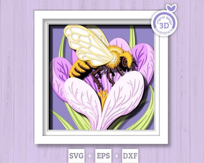 Bee in Crocus Flower - 3D Shadow Box Layered SVG DXF EPS (Cutting Files)