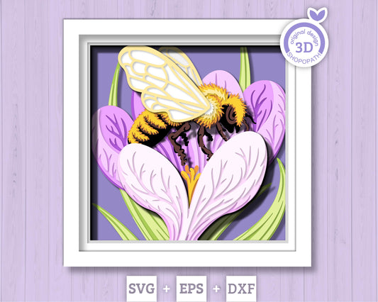 Bee in Crocus Flower - 3D Shadow Box Layered SVG DXF EPS (Cutting Files)