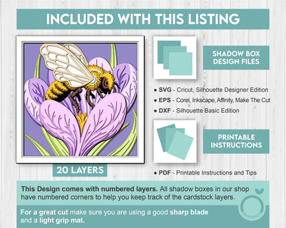 Bee in Crocus Flower - 3D Shadow Box Layered SVG DXF EPS (Cutting Files)