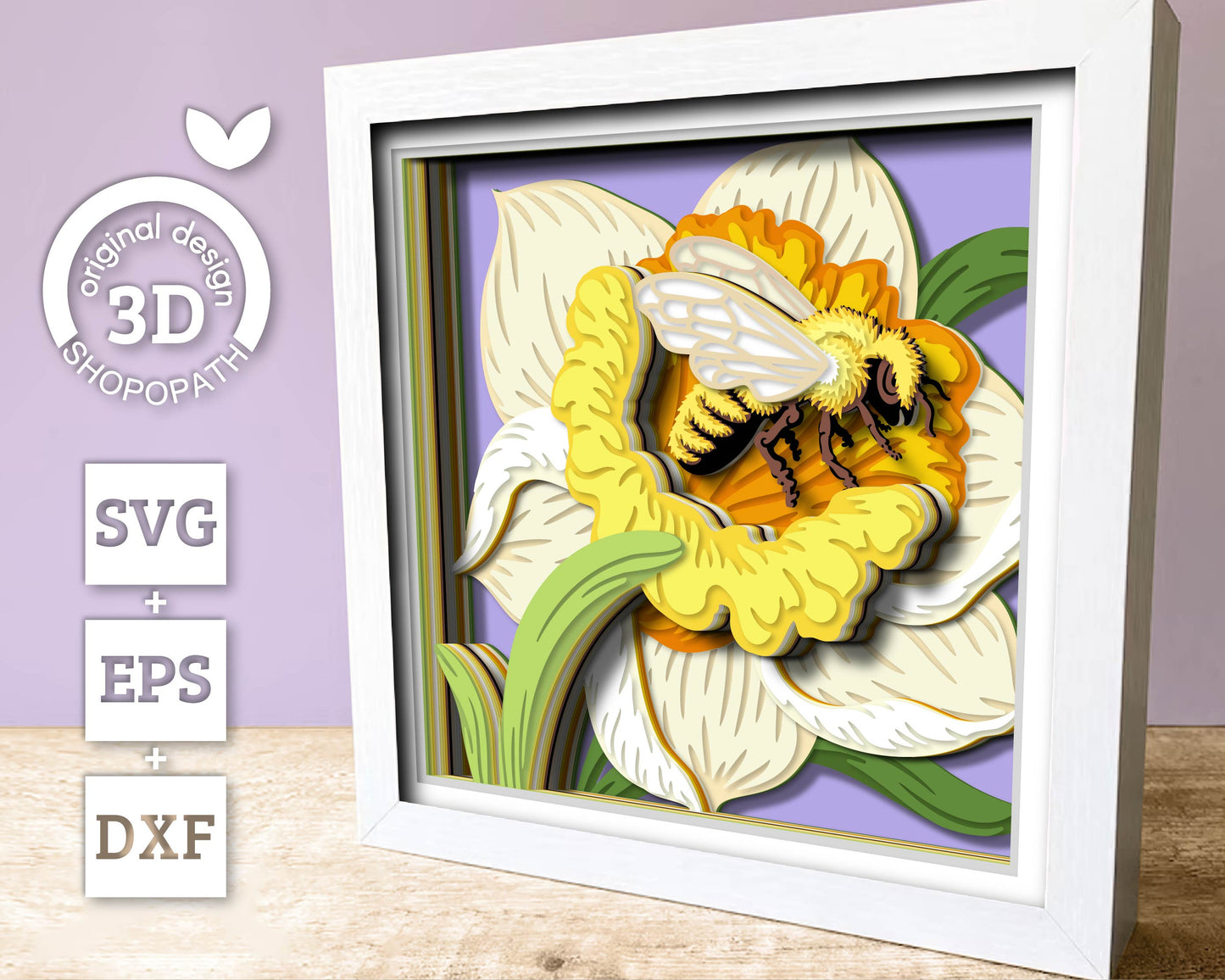 Bee in Daffodil Flower - 3D Shadow Box Layered SVG DXF EPS (Cutting Files)