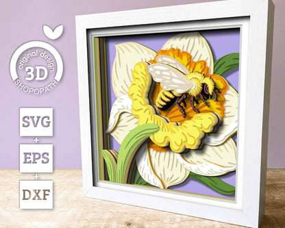 Bee in Daffodil Flower - 3D Shadow Box Layered SVG DXF EPS (Cutting Files)