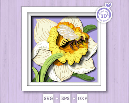 Bee in Daffodil Flower - 3D Shadow Box Layered SVG DXF EPS (Cutting Files)