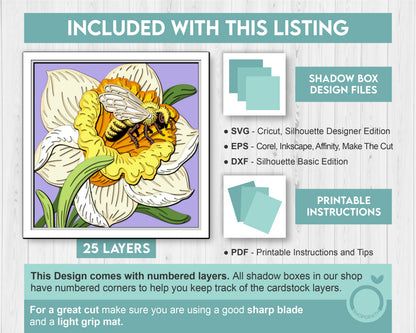 Bee in Daffodil Flower - 3D Shadow Box Layered SVG DXF EPS (Cutting Files)