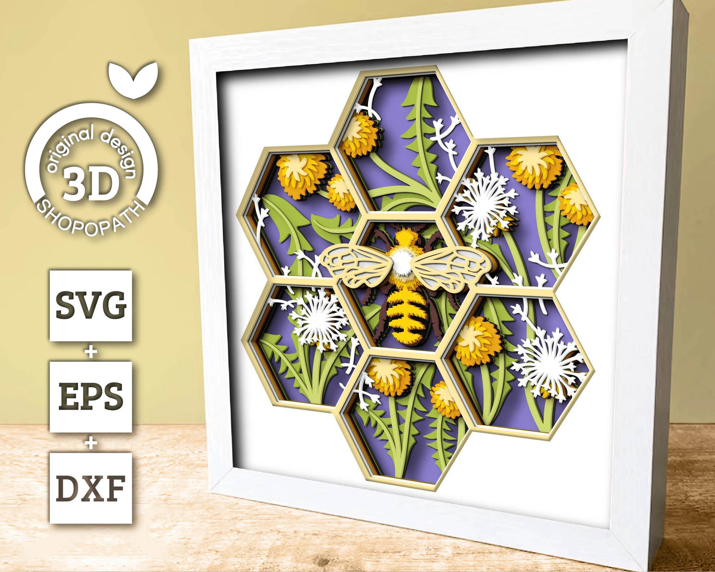 3D Bee Shadow Box SVG Layered Dandelions SVG, Spring Shadow Box, Honey Bee 3D Svg, Honey Comb 3d Svg, Papercut svg, Cricut Silhouette