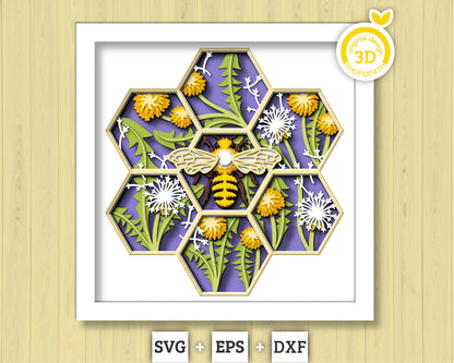 3D Bee Shadow Box SVG Layered Dandelions SVG, Spring Shadow Box, Honey Bee 3D Svg, Honey Comb 3d Svg, Papercut svg, Cricut Silhouette