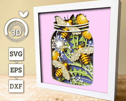 3D Bees In Jar Shadow Box SVG Layered Dandelions SVG, Spring Shadow Box, Honey Bee 3D Svg, Honey Comb 3d Svg, Papercut svg Cricut Silhouette