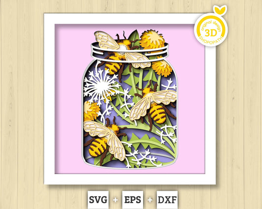 3D Bees In Jar Shadow Box SVG Layered Dandelions SVG, Spring Shadow Box, Honey Bee 3D Svg, Honey Comb 3d Svg, Papercut svg Cricut Silhouette
