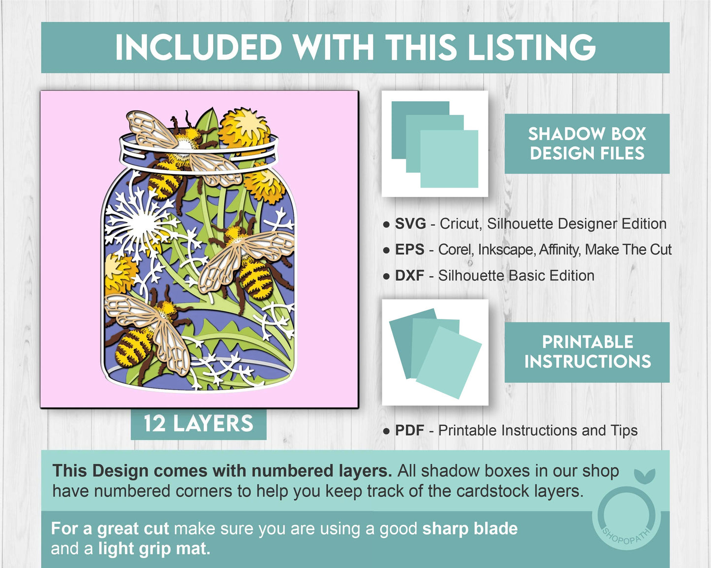 3D Bees In Jar Shadow Box SVG Layered Dandelions SVG, Spring Shadow Box, Honey Bee 3D Svg, Honey Comb 3d Svg, Papercut svg Cricut Silhouette