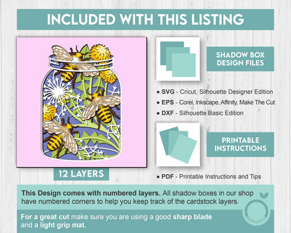 3D Bees In Jar Shadow Box SVG Layered Dandelions SVG, Spring Shadow Box, Honey Bee 3D Svg, Honey Comb 3d Svg, Papercut svg Cricut Silhouette
