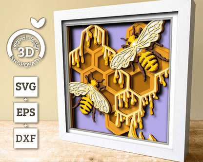 3D Honey Comb Shadow Box SVG Layered Dandelions SVG, Spring Shadow Box, Bee 3D Svg, Honey Bee 3d Svg, Flowers Papercut svg Cricut Silhouette