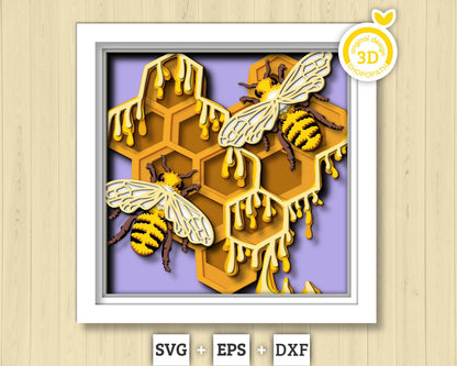 3D Honey Comb Shadow Box SVG Layered Dandelions SVG, Spring Shadow Box, Bee 3D Svg, Honey Bee 3d Svg, Flowers Papercut svg Cricut Silhouette