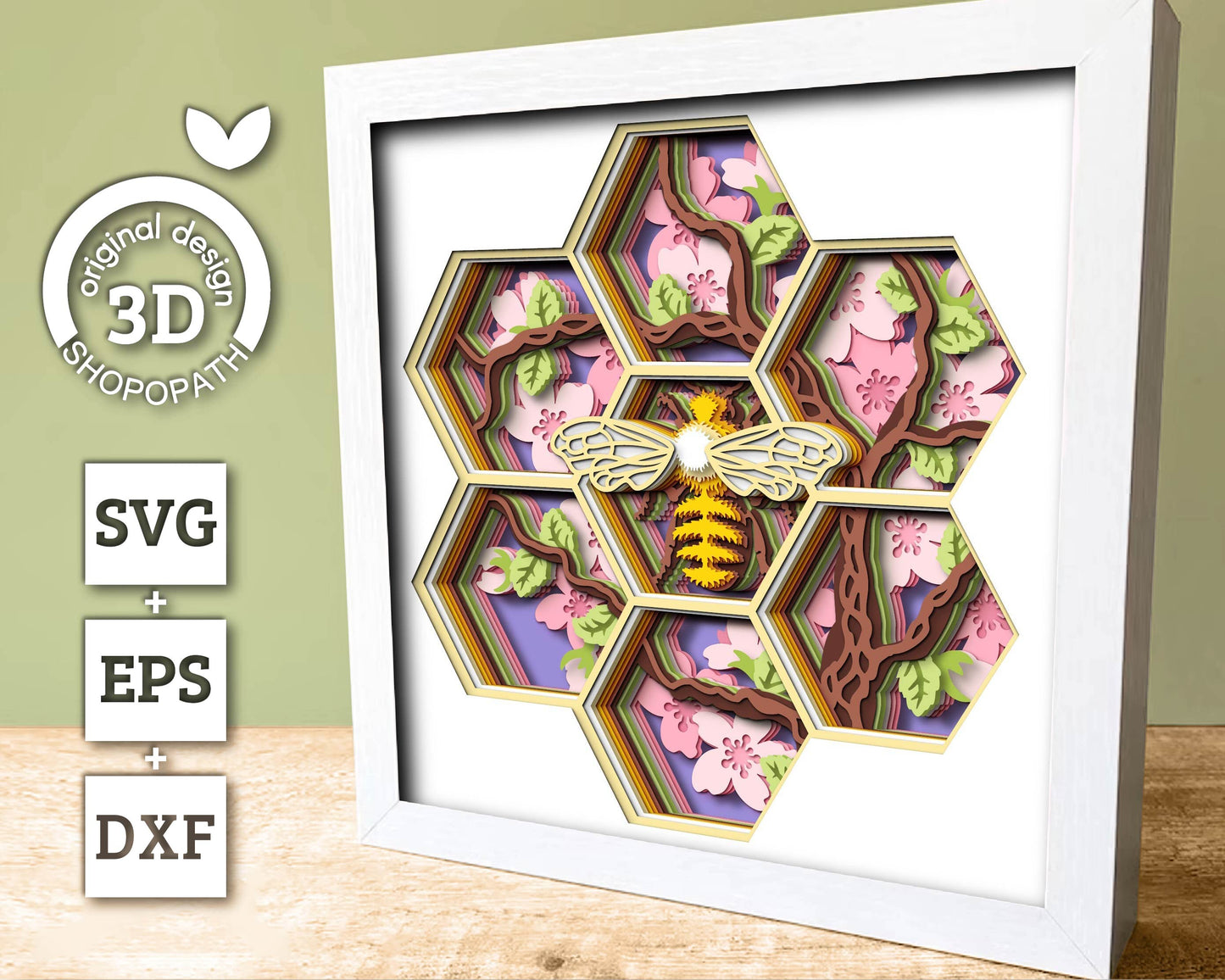 Bee with Cherry Blossom Hexagon - 3D Shadow Box Layered SVG DXF EPS (Cutting Files)