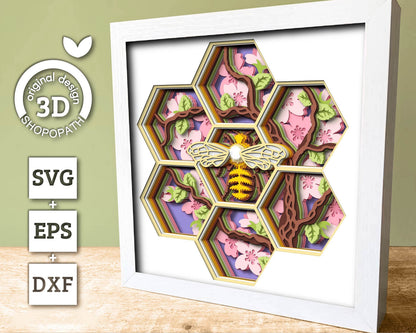 Bee with Cherry Blossom Hexagon - 3D Shadow Box Layered SVG DXF EPS (Cutting Files)